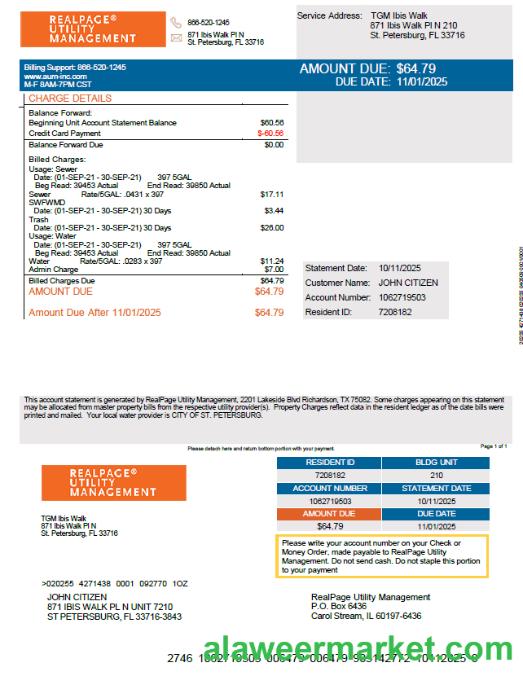 Russia Realpage Utility Management utility bill template in Word and PDF formats